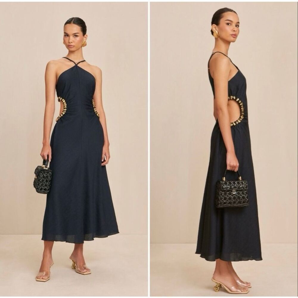NWT Cult Gaia Silvia Cut-Out Gold Hardware Silk Linen Blend Black Dress Women's